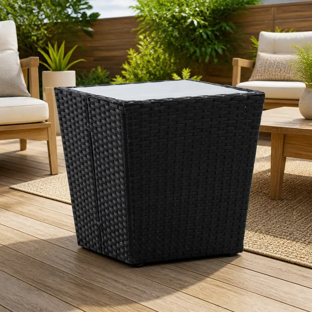 Black Outdoor Tea Table with Durable Glass Top