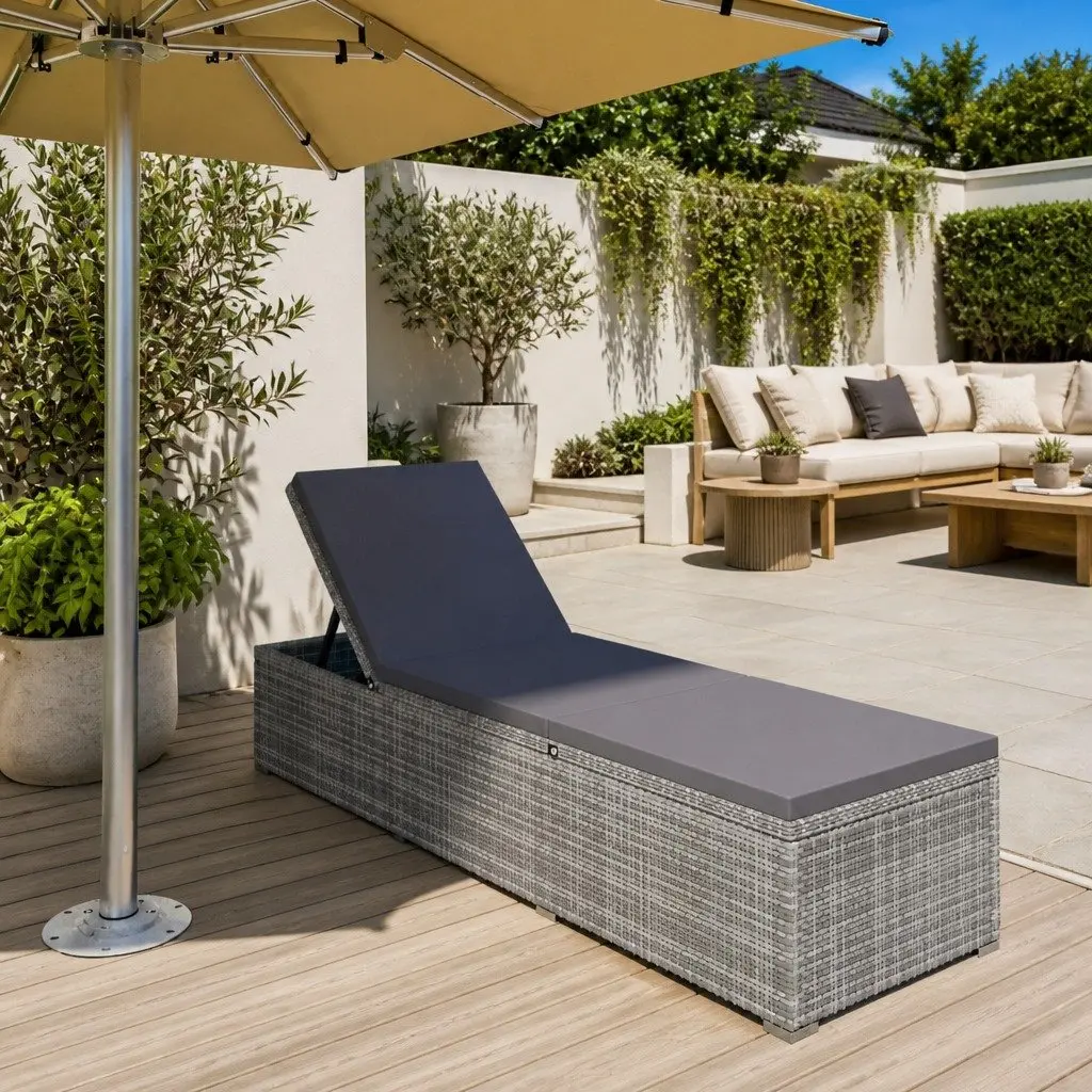 Sun Lounger Grey Adjustable with Cushion Poly Rattan Outdoor Seating