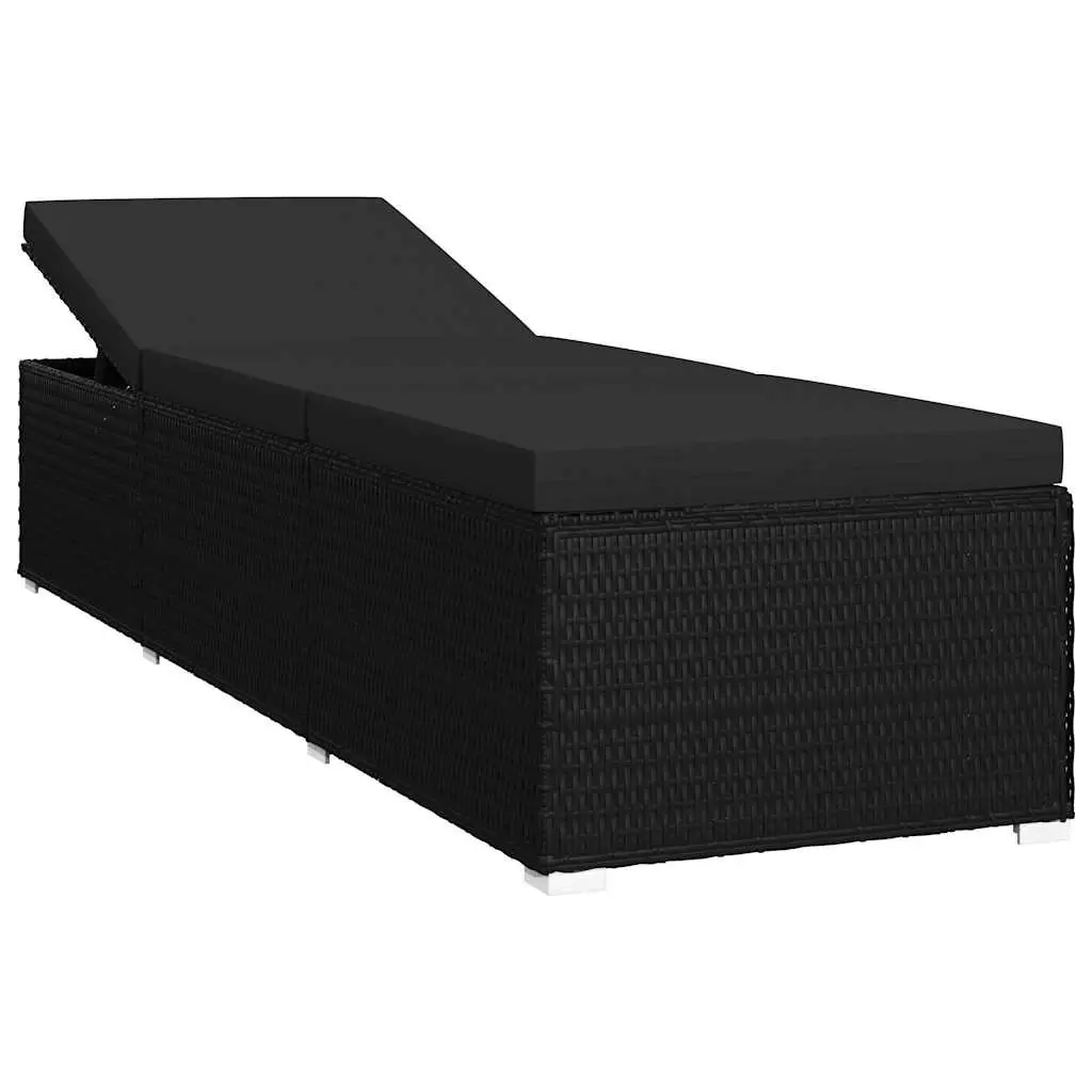 Sun Lounger with Cushion Poly Rattan Black Outdoor Patio Poolside Relaxation