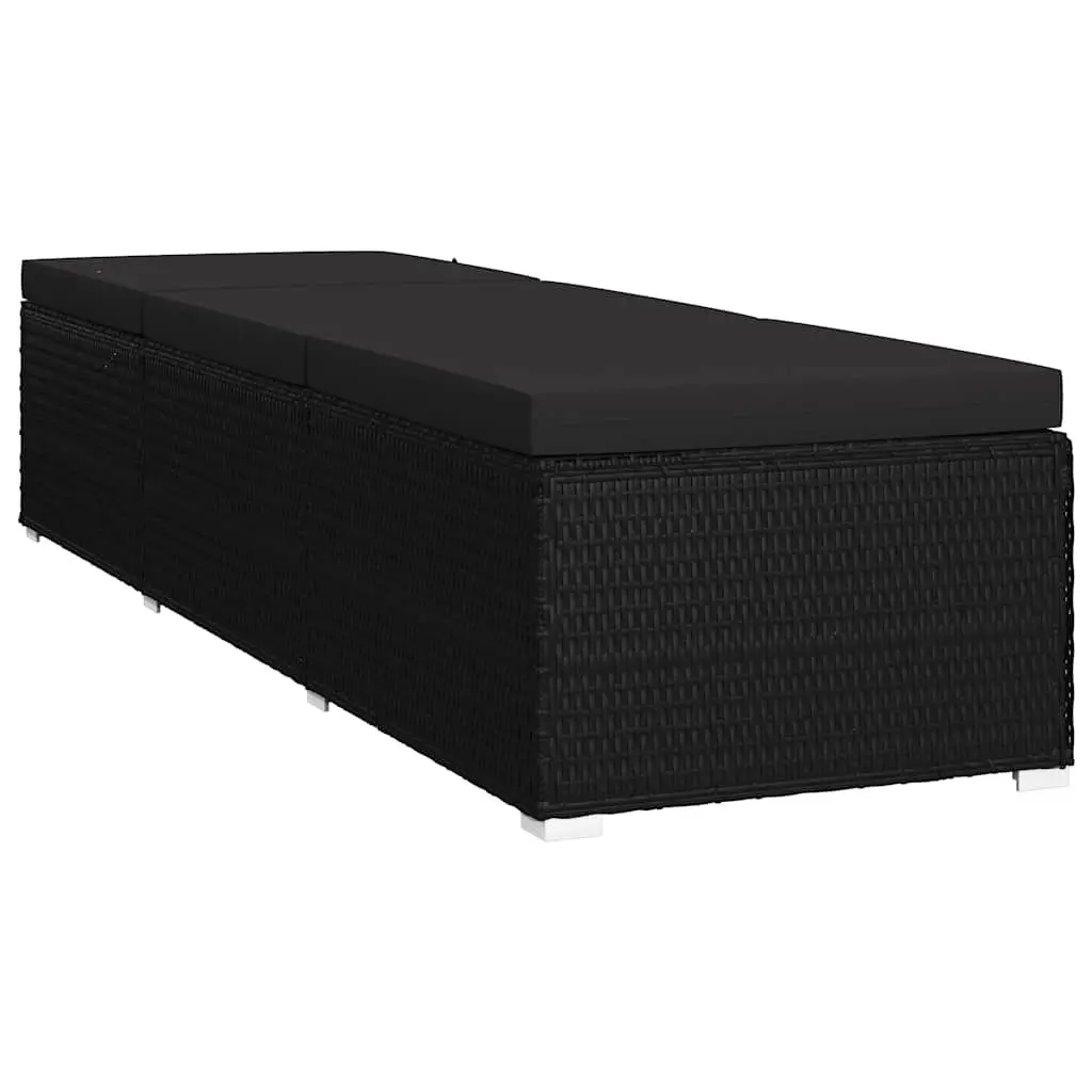 Sun Lounger with Cushion Poly Rattan Black Outdoor Patio Poolside Relaxation