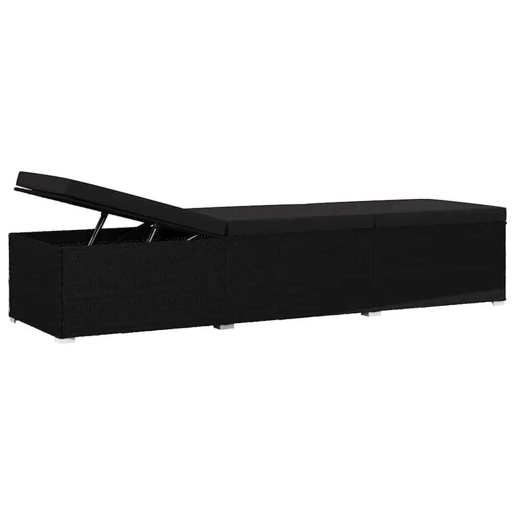 Sun Lounger with Cushion Poly Rattan Black Outdoor Patio Poolside Relaxation