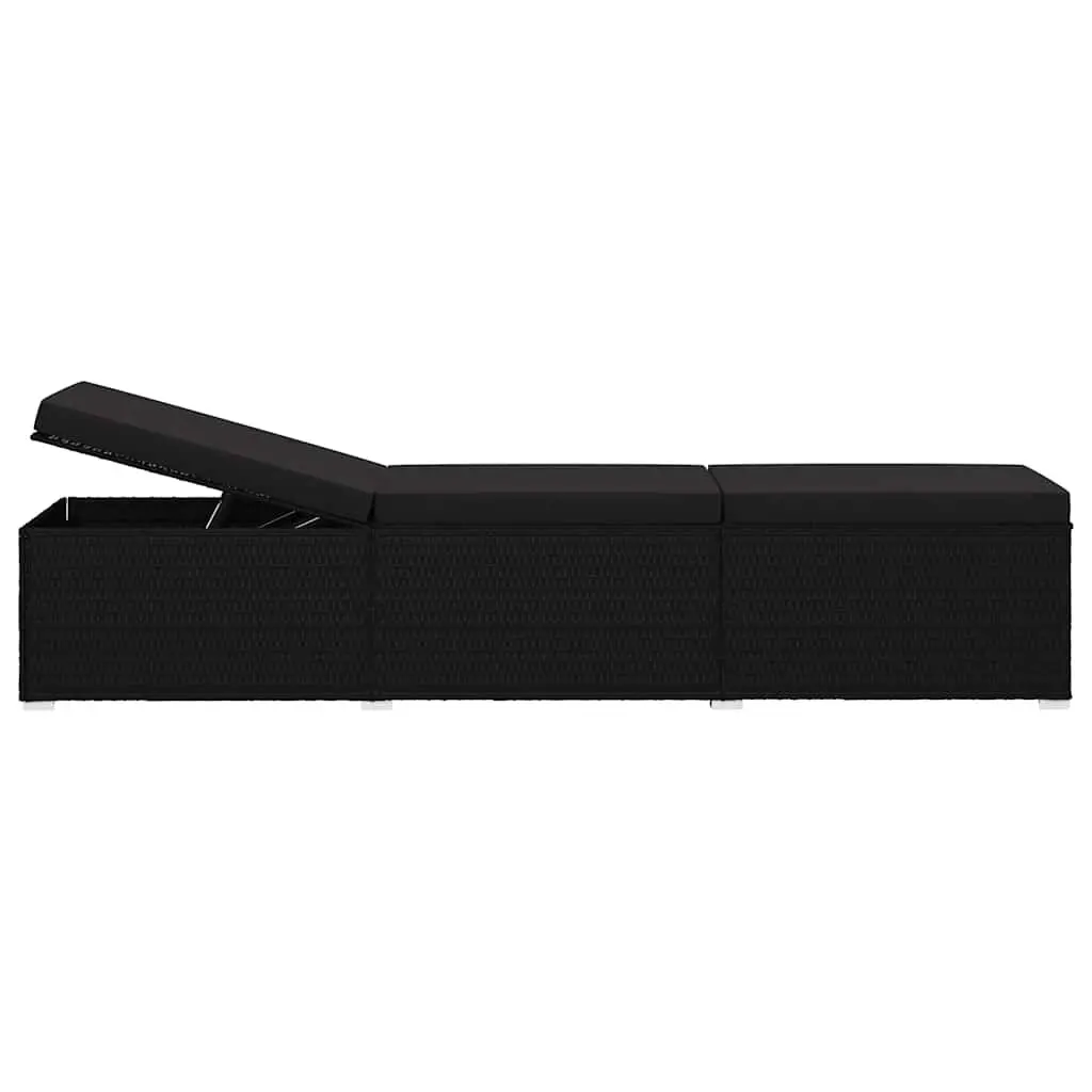 Sun Lounger with Cushion Poly Rattan Black Outdoor Patio Poolside Relaxation