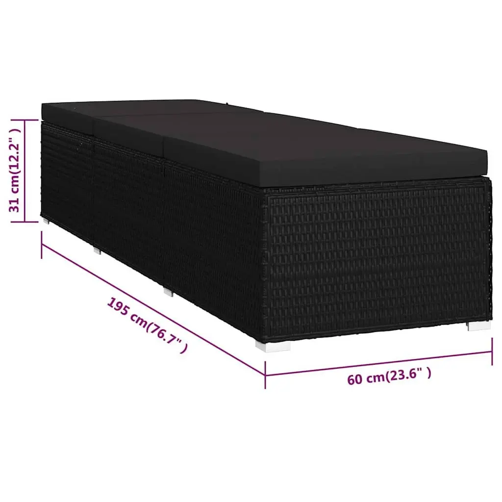 Sun Lounger with Cushion Poly Rattan Black Outdoor Patio Poolside Relaxation