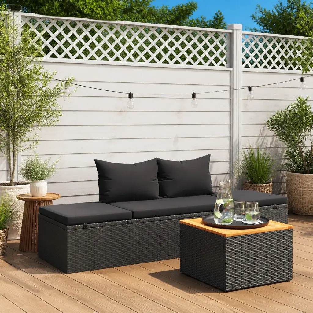 Sun Lounger Bed Black Adjustable Cushions Outdoor Patio Reclining Daybed