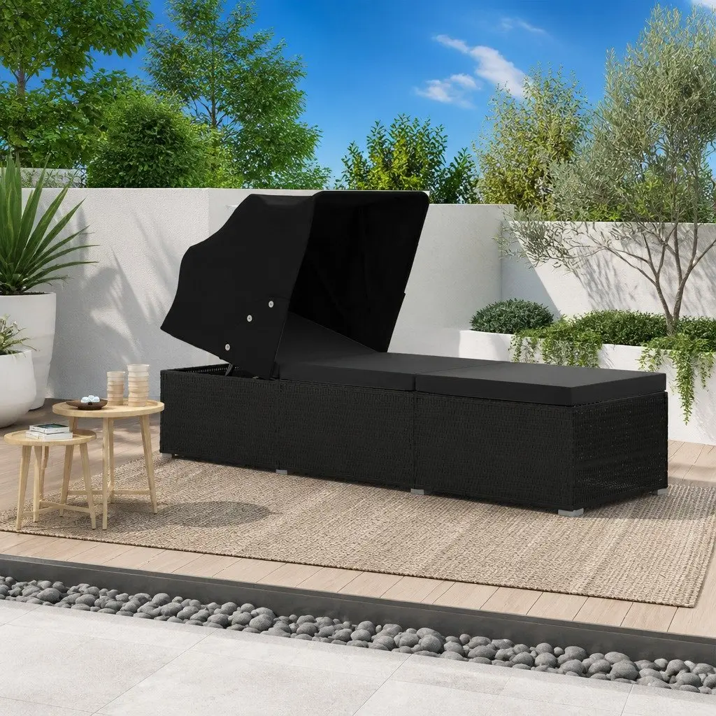 Sun Lounger with Canopy and Cushion Poly Rattan Outdoor Patio Bed Black