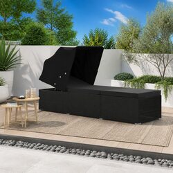 Sun Lounger with Canopy and Cushion Poly Rattan Outdoor Patio Bed Black