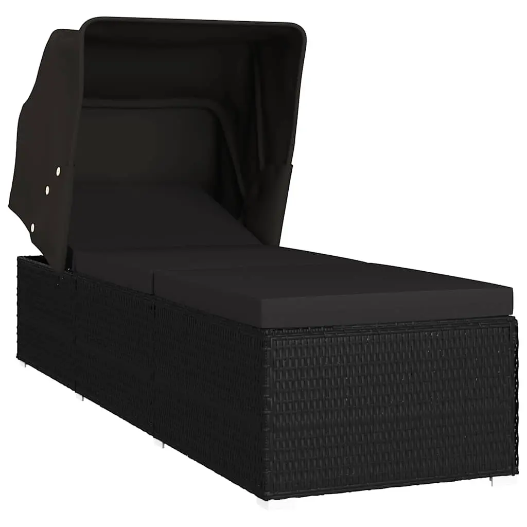 Sun Lounger with Canopy and Cushion Poly Rattan Outdoor Patio Bed Black