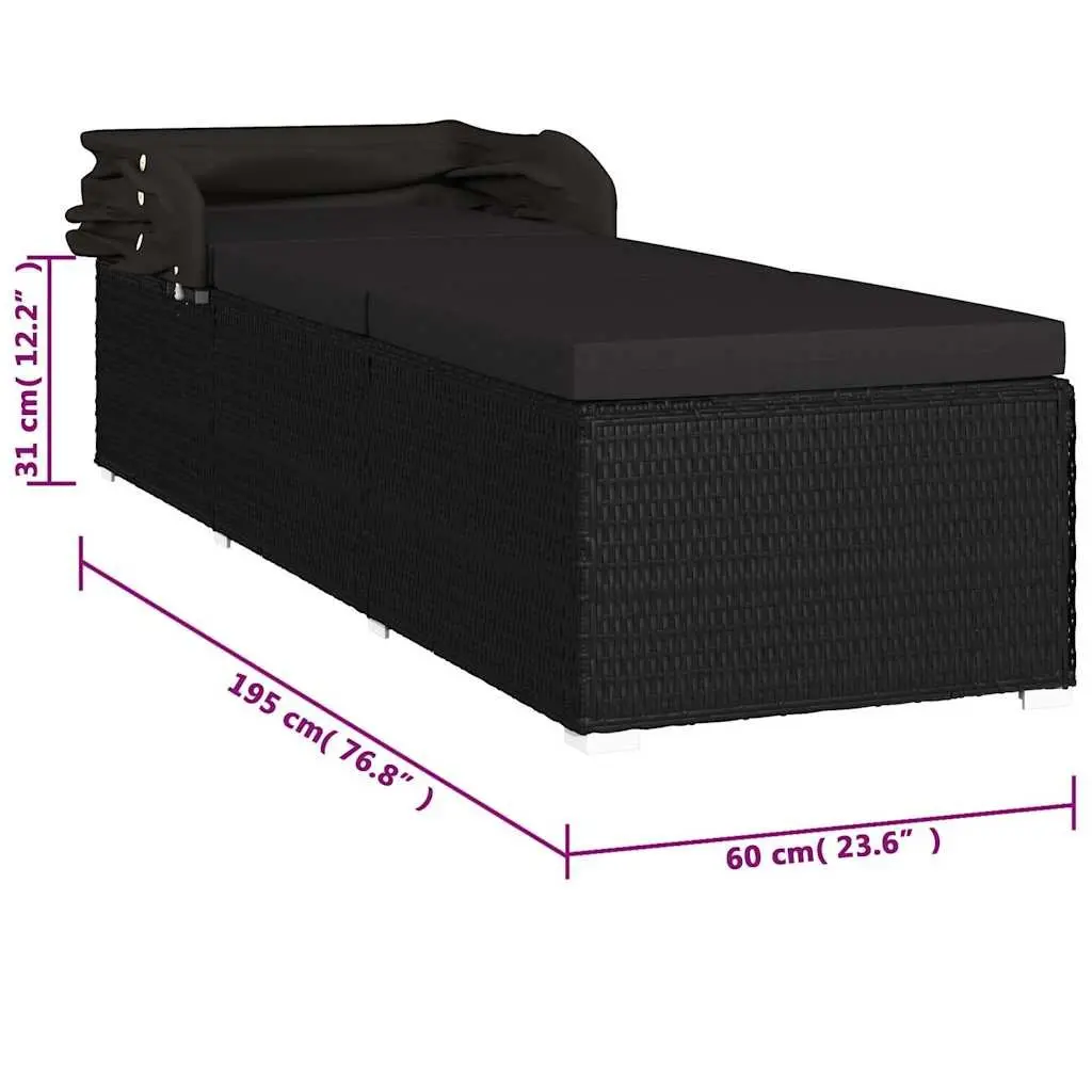 Sun Lounger with Canopy and Cushion Poly Rattan Outdoor Patio Bed Black