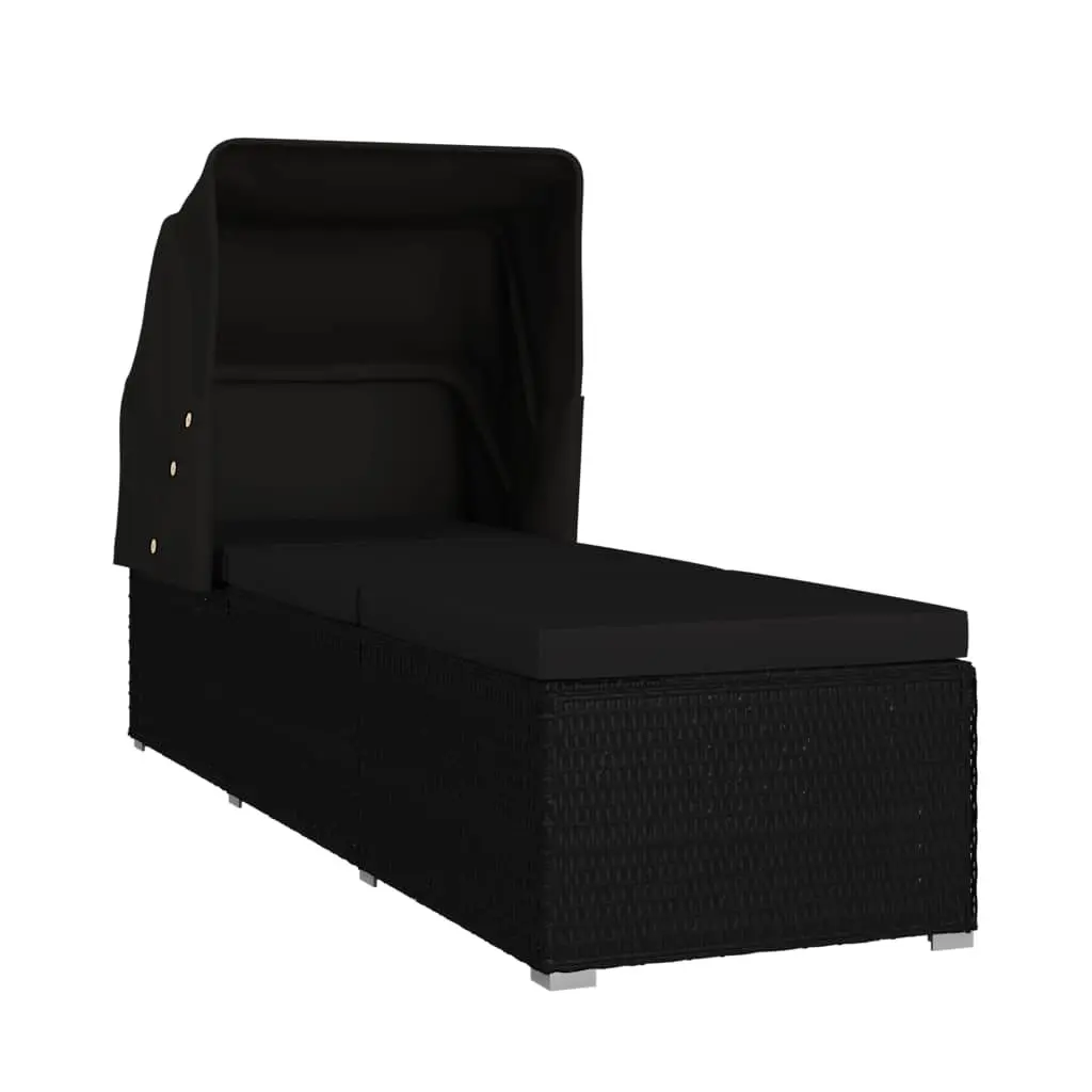 Sun Lounger with Canopy and Cushion Poly Rattan Outdoor Patio Bed Black