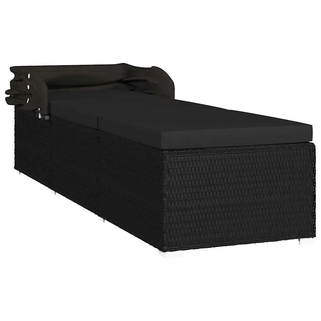 Sun Lounger with Canopy and Cushion Poly Rattan Outdoor Patio Bed Black