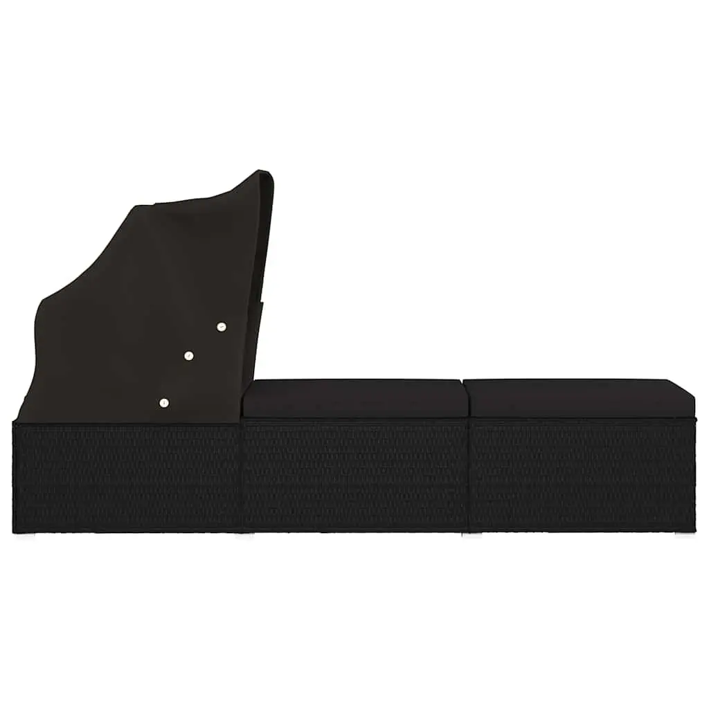 Sun Lounger with Canopy and Cushion Poly Rattan Outdoor Patio Bed Black