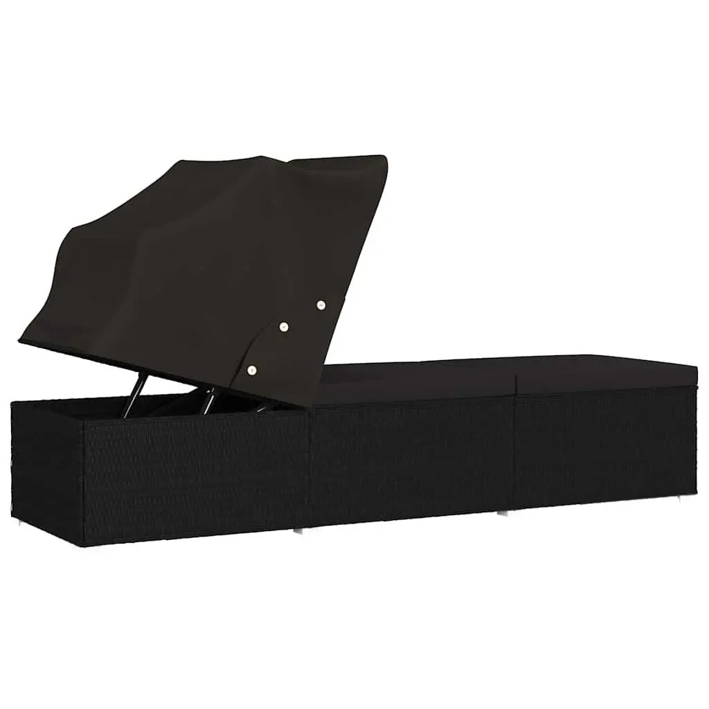 Sun Lounger with Canopy and Cushion Poly Rattan Outdoor Patio Bed Black