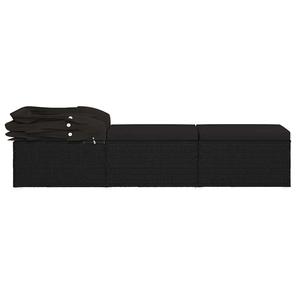 Sun Lounger with Canopy and Cushion Poly Rattan Outdoor Patio Bed Black