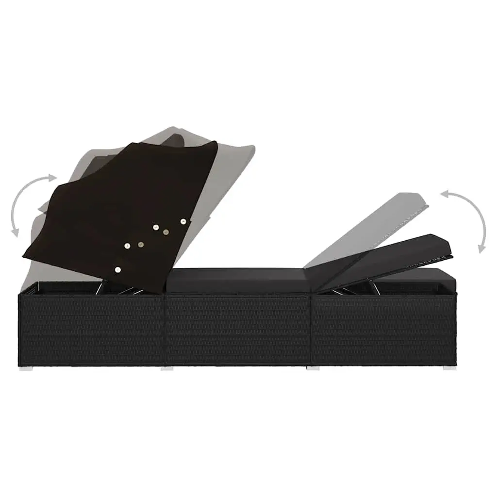 Sun Lounger with Canopy and Cushion Poly Rattan Outdoor Patio Bed Black