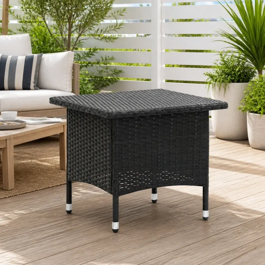 Outdoor Tea Table Black 50x50x47cm Poly Rattan Garden Patio Side Coffee Table
