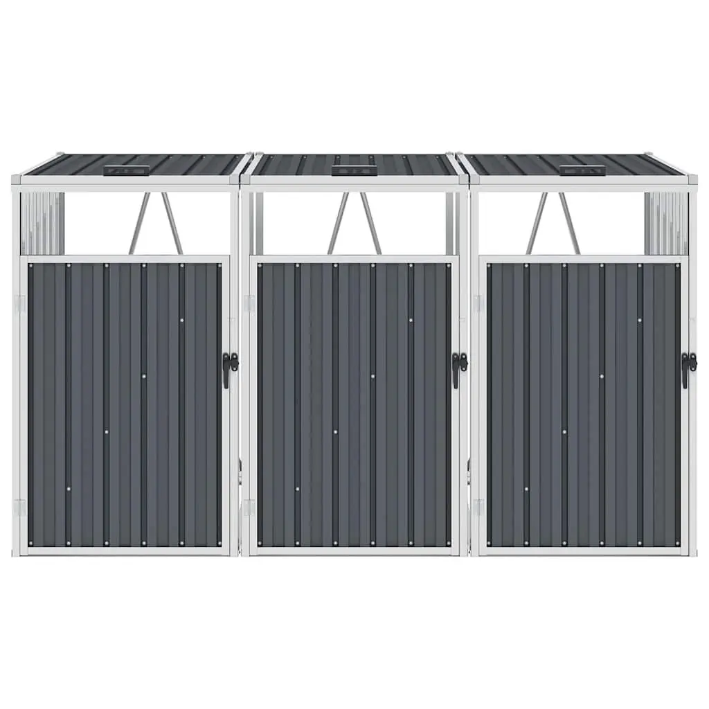 Triple Garbage Bin Shed Grey Steel Durable Outdoor Storage