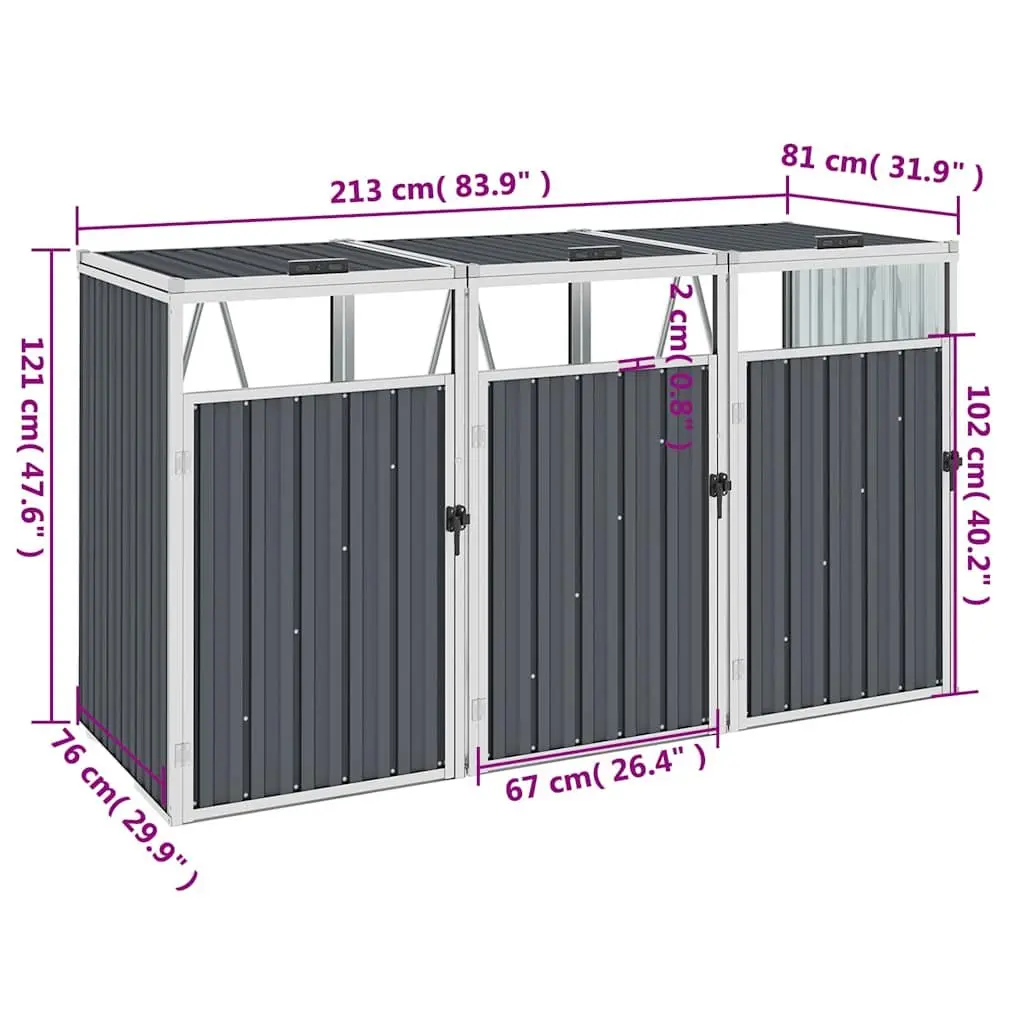 Triple Garbage Bin Shed Grey Steel Durable Outdoor Storage