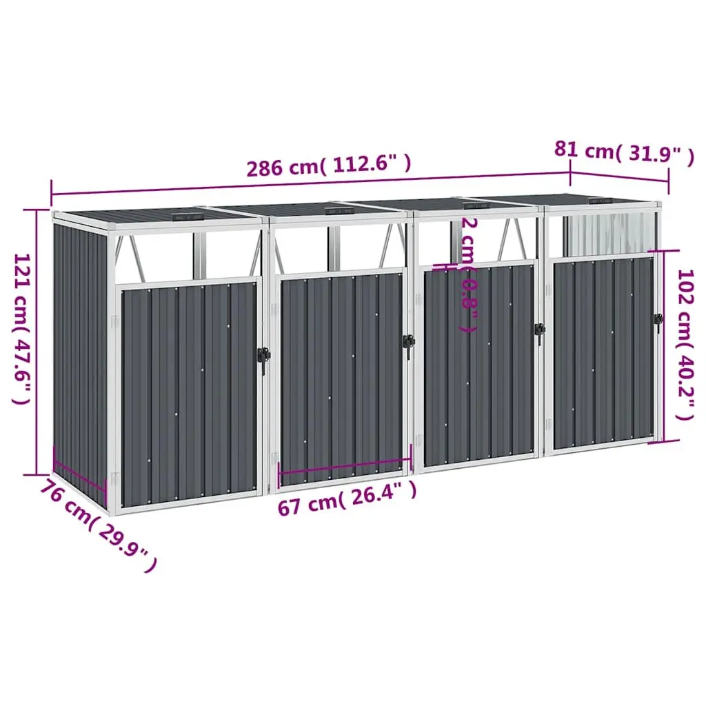 Quadruple Garbage Bin Shed Grey 286x81x121cm Garden Waste Container Storage