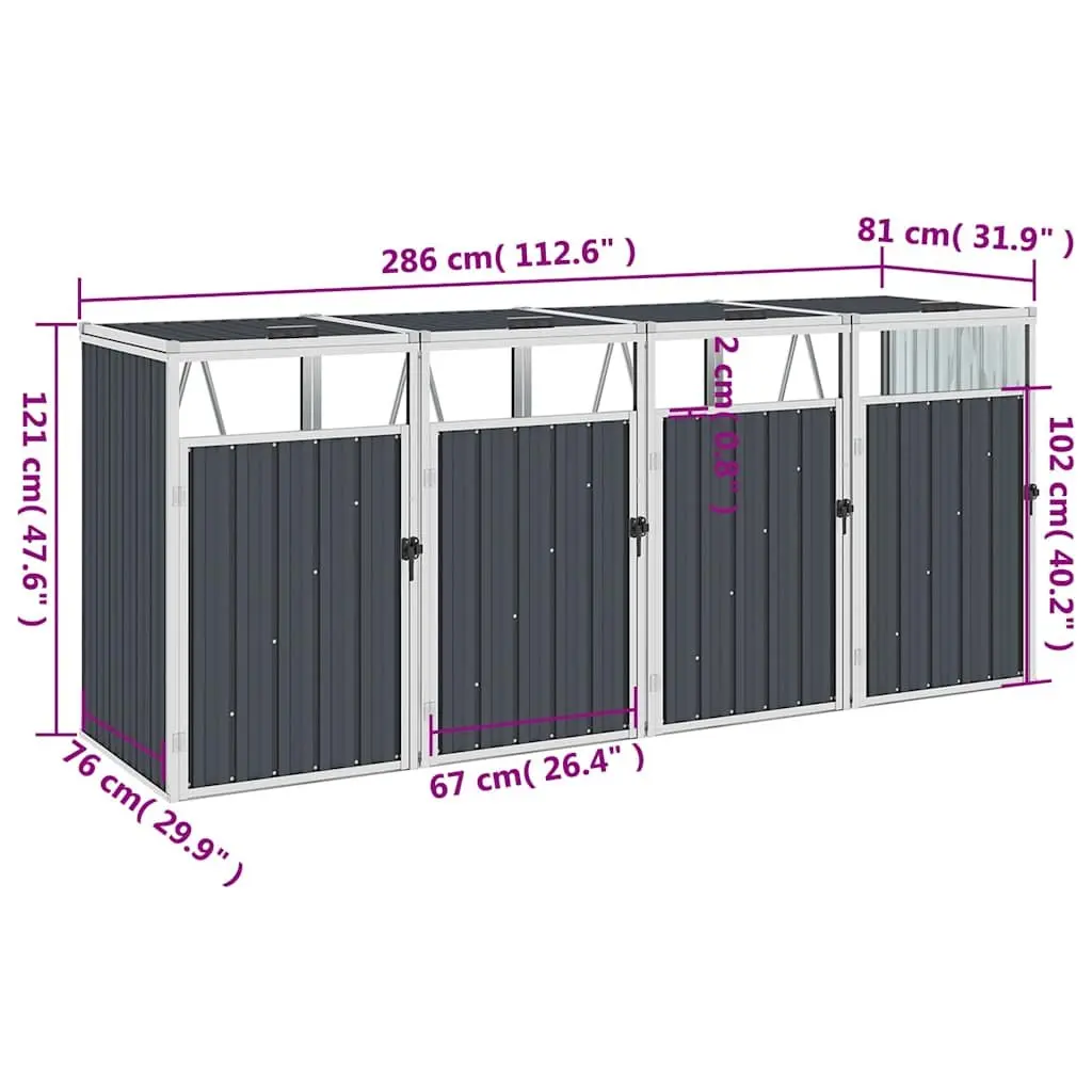 Quadruple Garbage Bin Shed Anthracite Galvanised Steel Four Compartment Storage