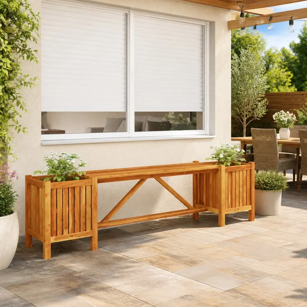 Garden Bench Brown 150x30x40cm Acacia Wood with 2 Planters Outdoor Seating