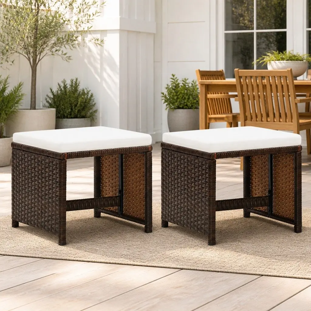 Garden Stools Brown 2 Pack Cushioned Rattan Patio Seating Footrest