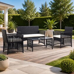 Garden Lounge Set 4 Piece Outdoor Patio Furniture with Cushions Black Rattan