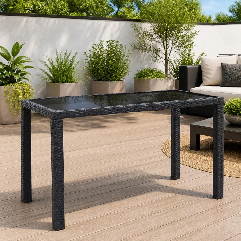 Garden Dining Table Black 123cm Glass Top Poly Rattan Outdoor Furniture