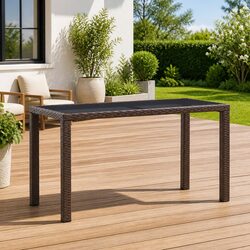 Outdoor Garden Dining Table Brown Poly Rattan Patio Furniture with Glass Top