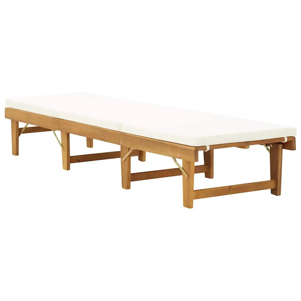 Folding Sun Lounger Solid Wood Outdoor Patio Garden Relaxing Bed with Cushion