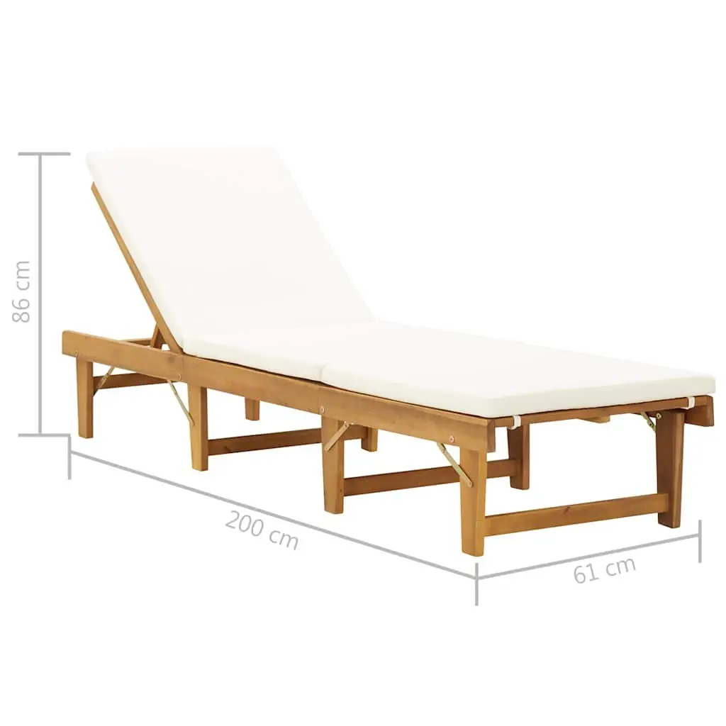 Folding Sun Lounger Solid Wood Outdoor Patio Garden Relaxing Bed with Cushion