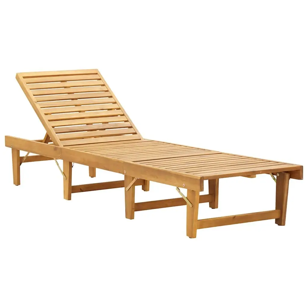 Folding Sun Lounger Grey Cushion Solid Acacia Wood Adjustable Height Outdoor Patio