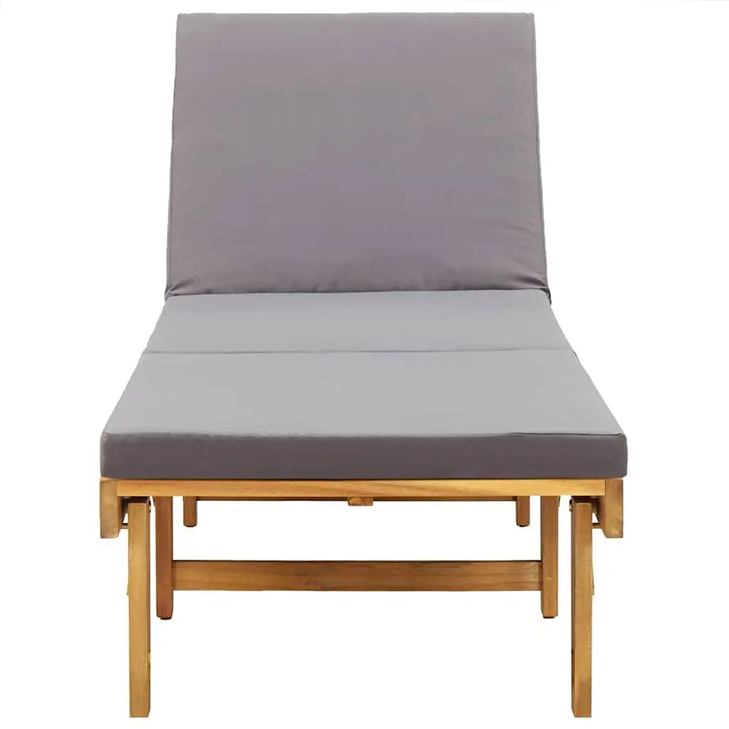 Folding Sun Lounger Grey Cushion Solid Acacia Wood Adjustable Height Outdoor Patio