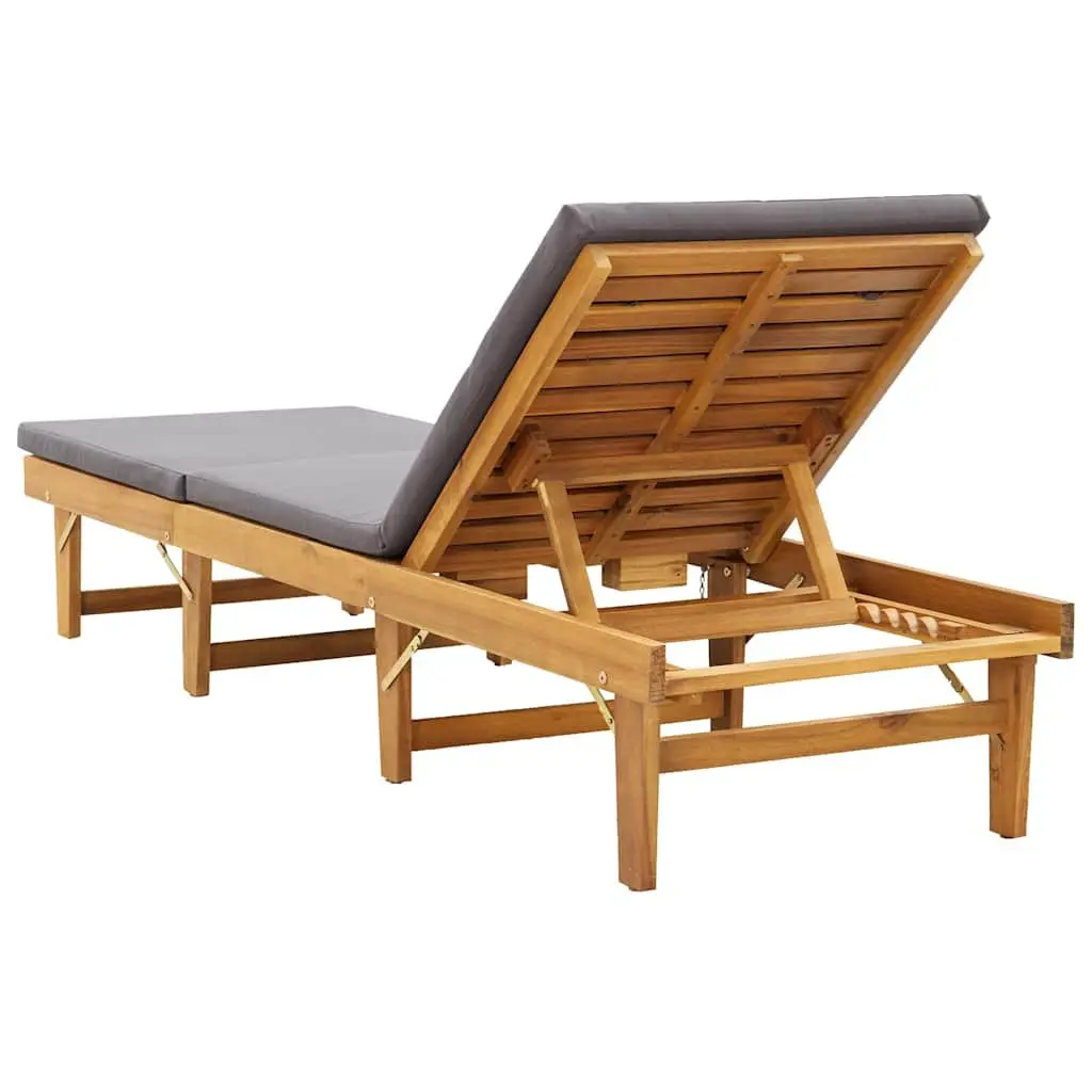 Folding Sun Lounger Grey Cushion Solid Acacia Wood Adjustable Height Outdoor Patio