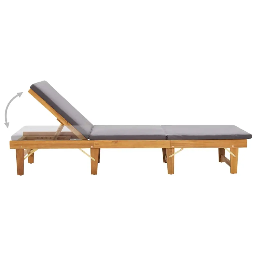 Folding Sun Lounger Grey Cushion Solid Acacia Wood Adjustable Height Outdoor Patio