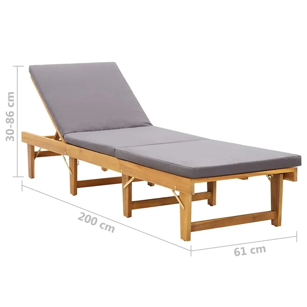 Folding Sun Lounger Grey Cushion Solid Acacia Wood Adjustable Height Outdoor Patio
