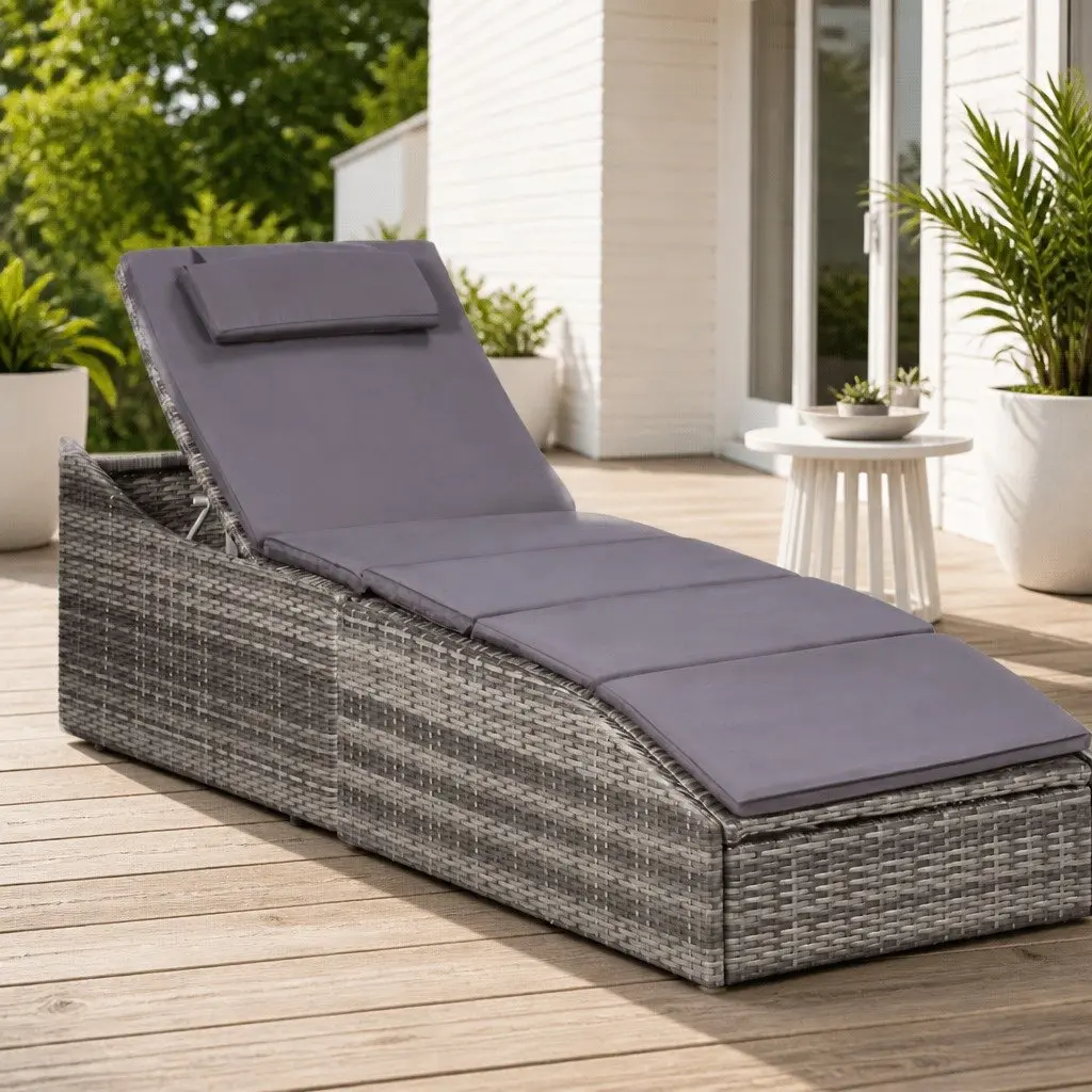 Sun Lounger with Cushion Poly Rattan Grey Outdoor Patio Relaxing Chair