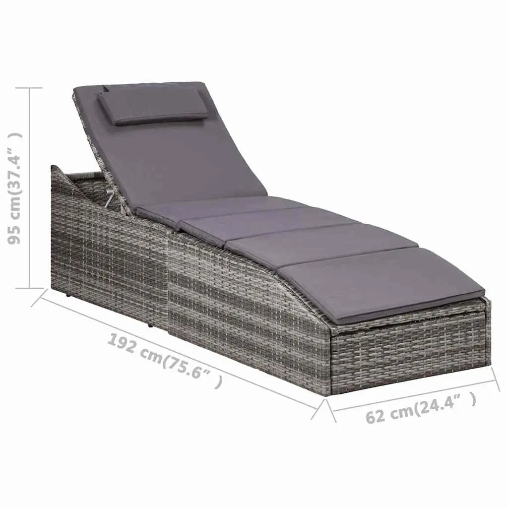 Sun Lounger with Cushion Poly Rattan Grey Outdoor Patio Relaxing Chair