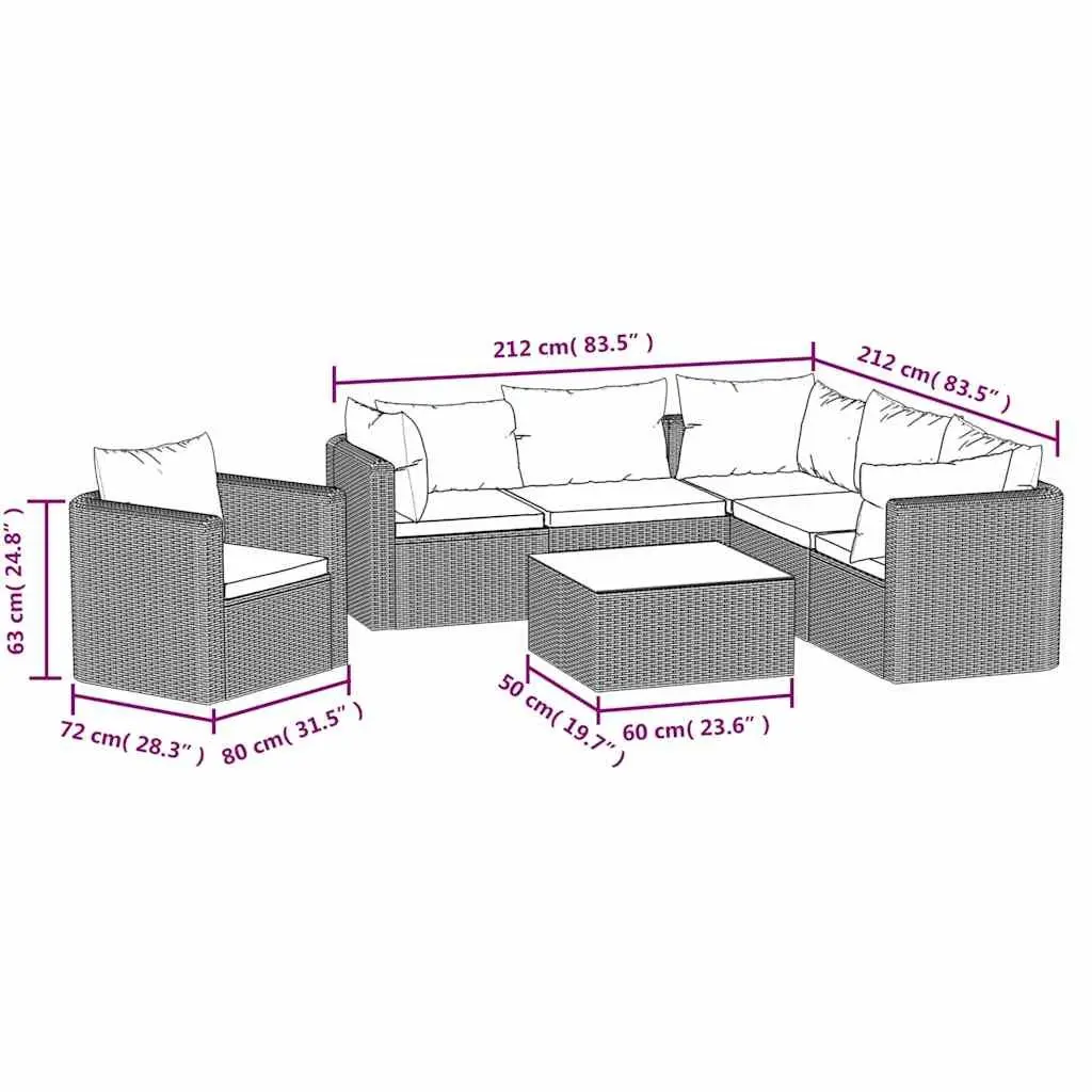 7 Piece Outdoor Sectional Sofa Set Poly Rattan Lounge with Cushions Coffee Table