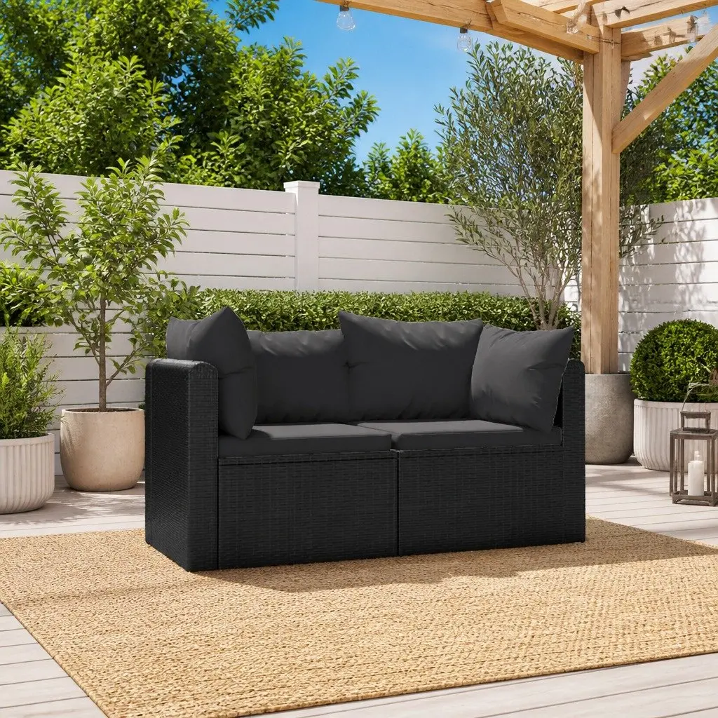 Outdoor Sectional Sofa Set Black 2 Piece Hand-woven PE Rattan Weather-resistant with Thick Padded Cushions