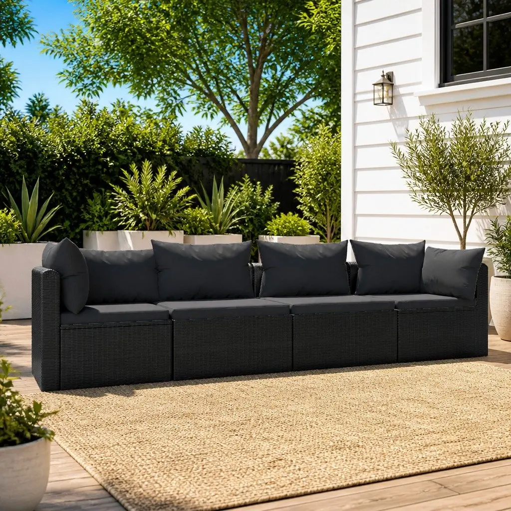 Outdoor Sectional Sofa Set Black 4 Piece Hand-woven PE Rattan Cushions