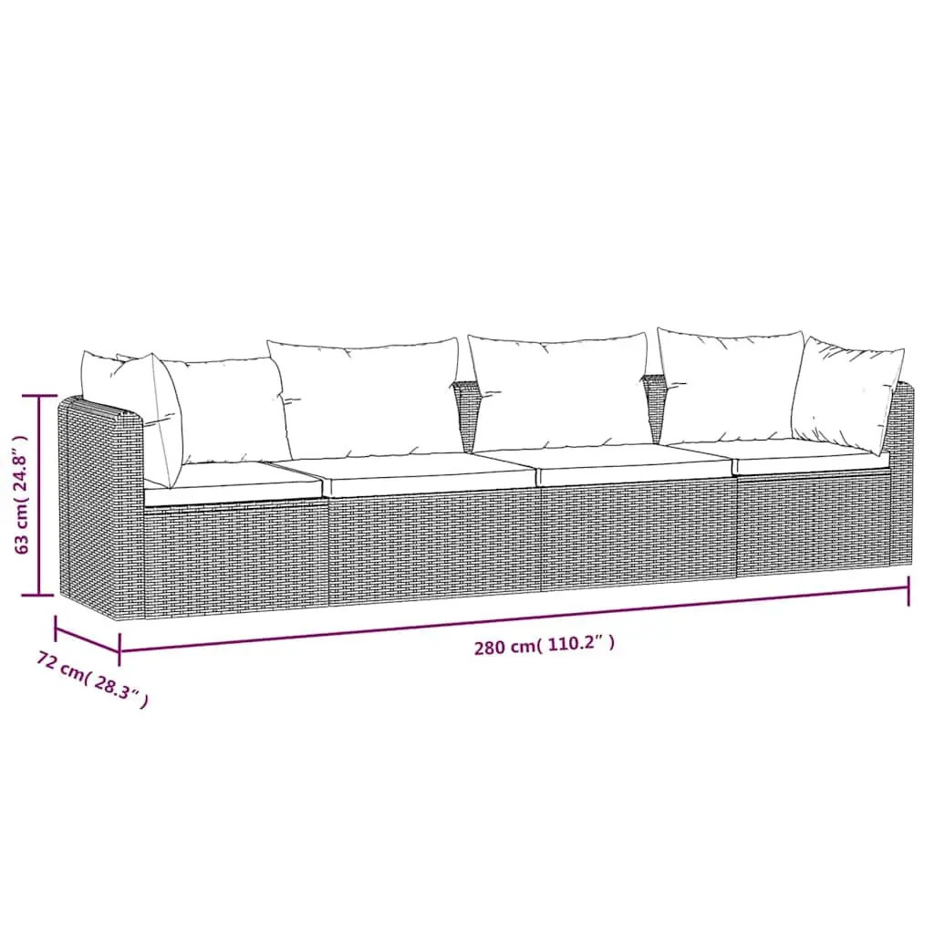 Outdoor Sectional Sofa Set Black 4 Piece Hand-woven PE Rattan Cushions