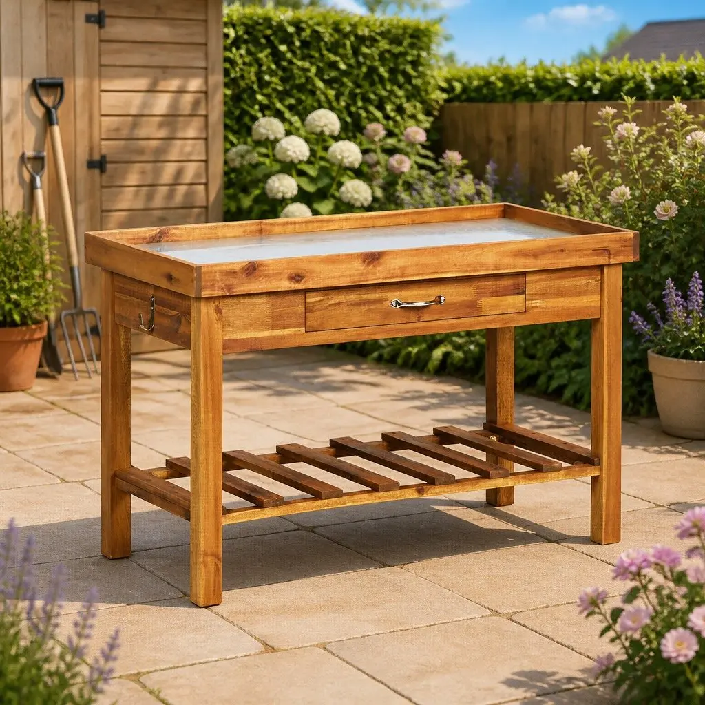 Garden Work Bench Brown Solid Acacia Wood Zinc Top Potting Table with Bottom Storage Shelf