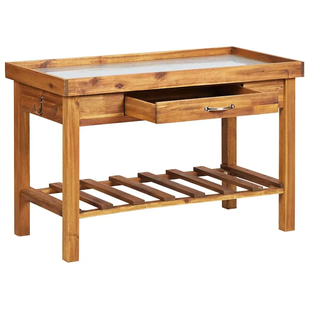 Garden Work Bench Brown Solid Acacia Wood Zinc Top Potting Table with Bottom Storage Shelf