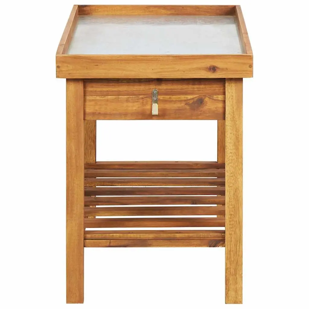 Garden Work Bench Brown Solid Acacia Wood Zinc Top Potting Table with Bottom Storage Shelf