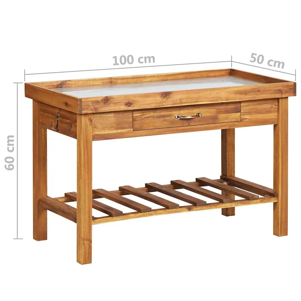 Garden Work Bench Brown Solid Acacia Wood Zinc Top Potting Table with Bottom Storage Shelf