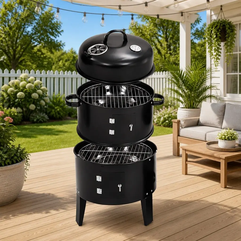 3-in-1 Charcoal Smoker BBQ Grill Black 40x80cm Portable Outdoor Cooking