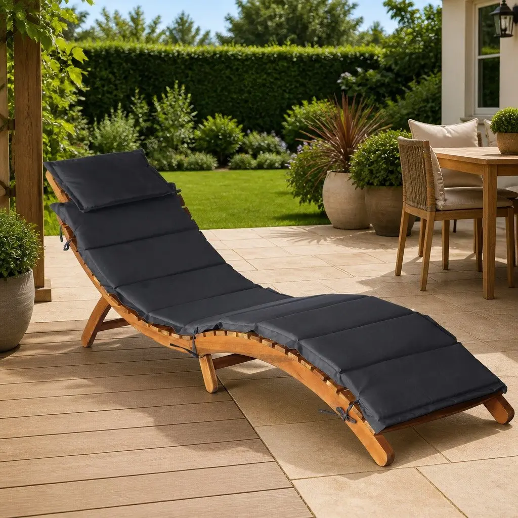 Sun Lounger Grey Folding Acacia Wood Garden Patio Chair with Cushion