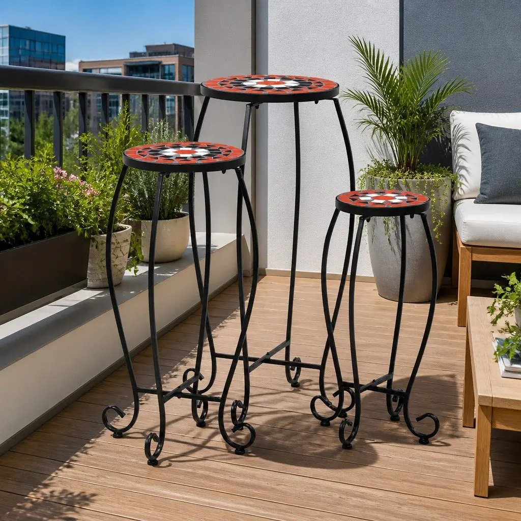Mosaic Table Set Brown 3 Piece Ceramic Top Iron Frame Garden Balcony Patio