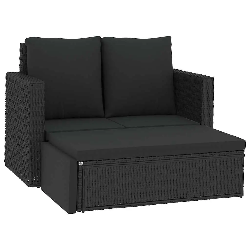 2 Piece Garden Lounge Set Black PE Rattan Sofa Stool with Cushions Weather Resistant Outdoor Patio