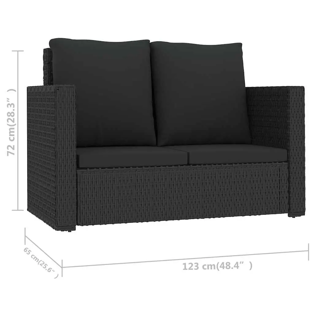 2 Piece Garden Lounge Set Black PE Rattan Sofa Stool with Cushions Weather Resistant Outdoor Patio